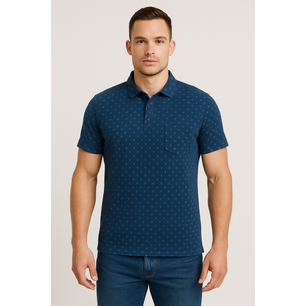 EUC Camel Active Mens Soft Cotton Knit Printed Golf Polo Shirt Navy Blue Size XL